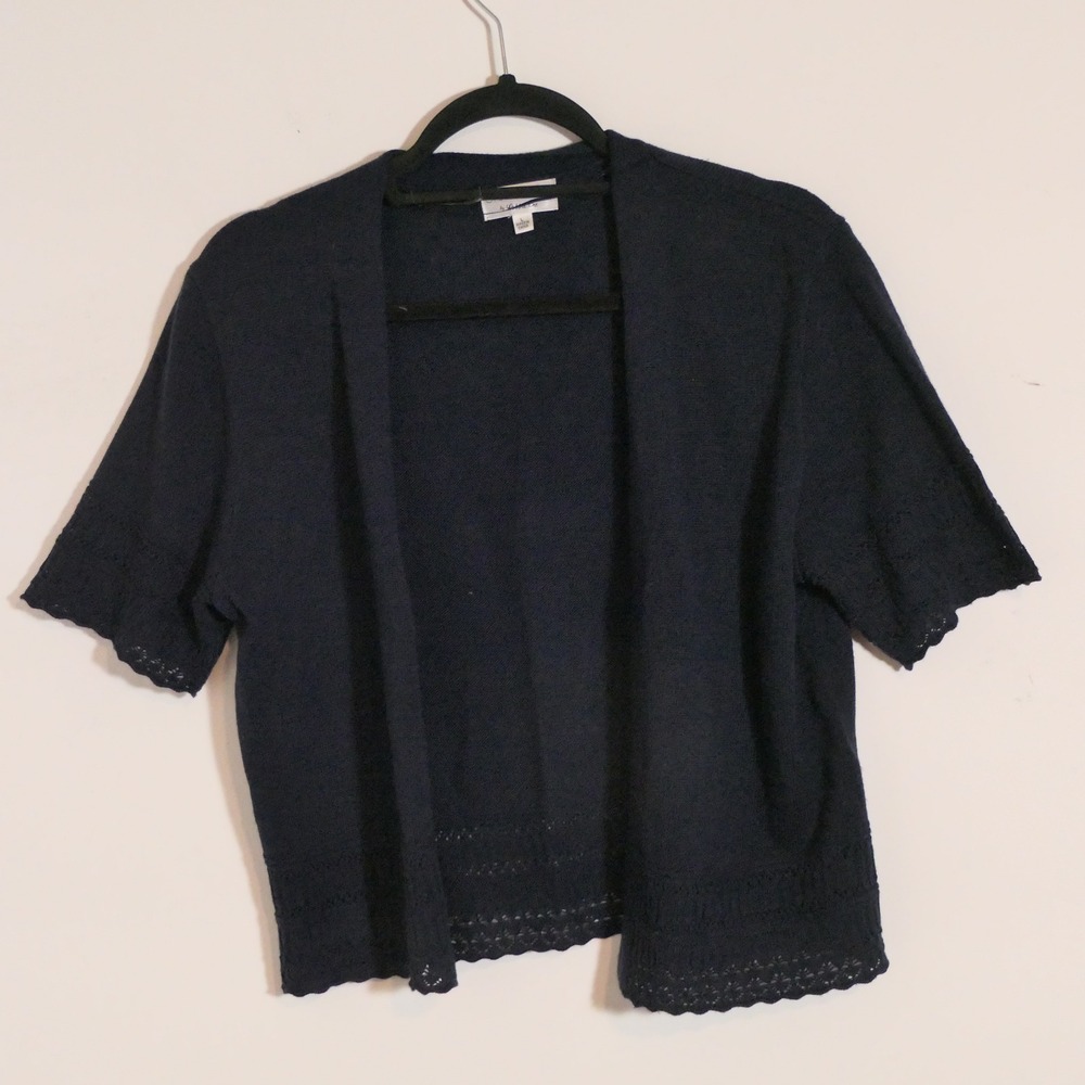 Signature by Robbie Bee‎ Womens Cardigan L Navy Crochet Trim Preppy Layering